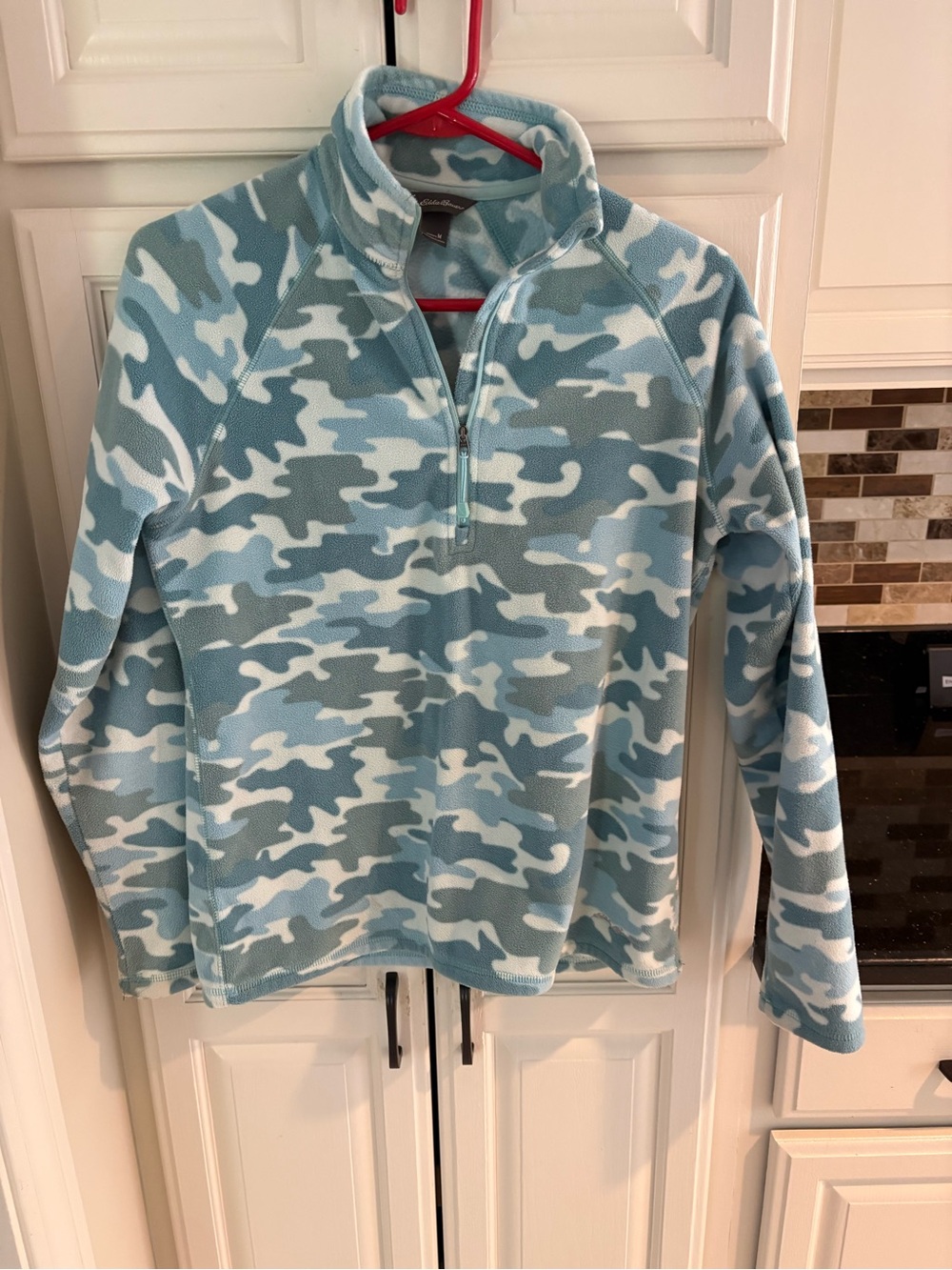 Eddie Bauer Aqua and White Camo Fleece Zip Pullover